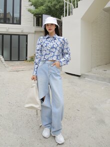 DAZY 滿版印花短款襯衫 - 藍白色 - 查看 7