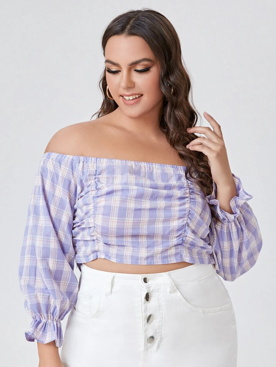 Blusa de hombros descubiertos con estampado de cuadros fruncido - Lila Púrpura - Ver 1