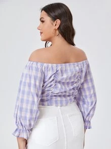 Blusa de hombros descubiertos con estampado de cuadros fruncido - Lila Púrpura - Ver 2