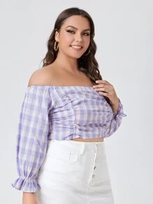 Blusa de hombros descubiertos con estampado de cuadros fruncido - Lila Púrpura - Ver 3