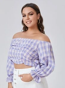 Blusa de hombros descubiertos con estampado de cuadros fruncido - Lila Púrpura - Ver 4