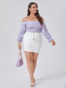 Blusa de hombros descubiertos con estampado de cuadros fruncido - Lila Púrpura - Ver 5