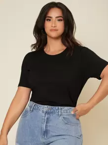 SHEIN BASICS Plus Solid Round Neck Tee - Black - View 1