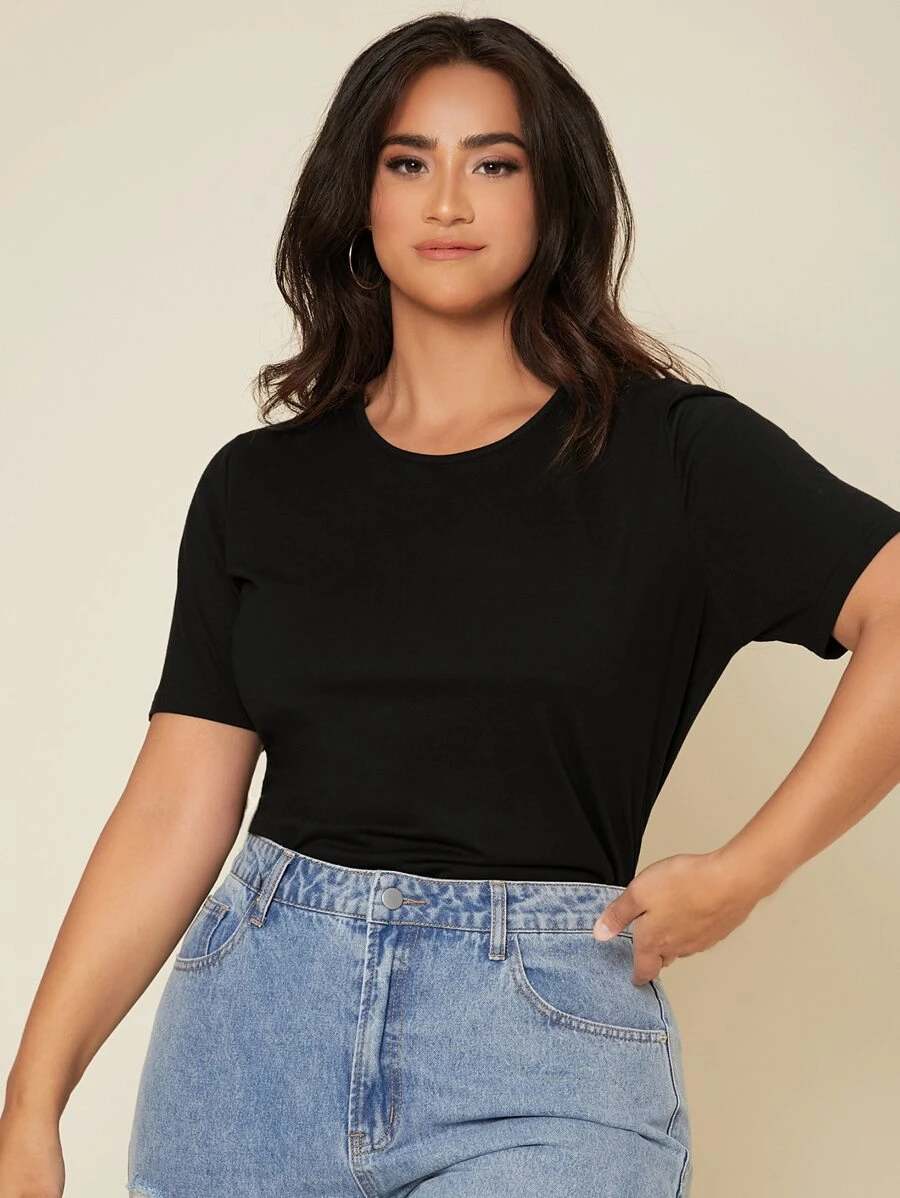 SHEIN BASICS Plus Solid Round Neck Tee - Black - View 1