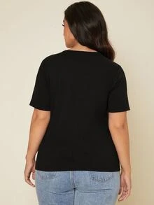 SHEIN BASICS Plus Solid Round Neck Tee - Black - View 2