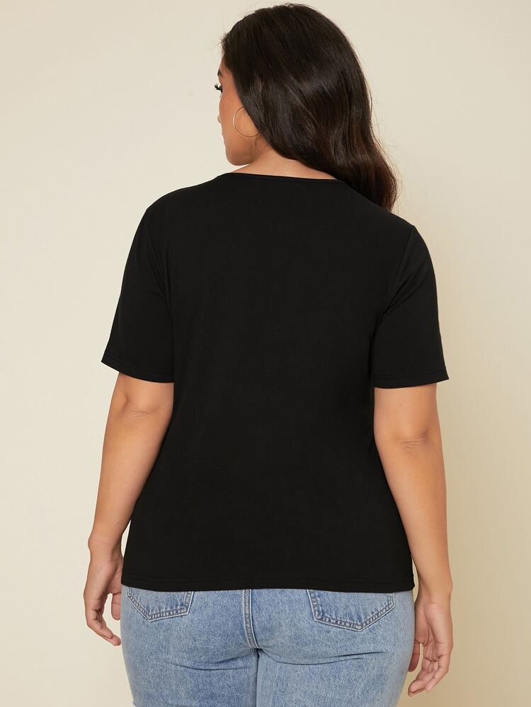 SHEIN BASICS Plus Solid Round Neck Tee - Black - View 2