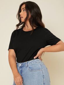 SHEIN BASICS Plus Solid Round Neck Tee - Black - View 3