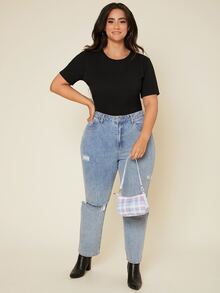 SHEIN BASICS Plus Solid Round Neck Tee - Black - View 4