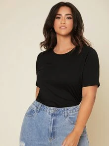 SHEIN BASICS Plus Solid Round Neck Tee - Black - View 5