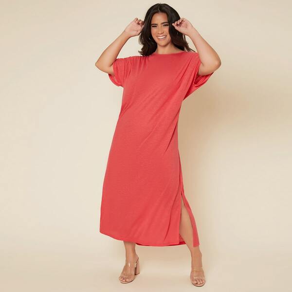 

Plus Batwing Sleeve Slit Hem Tee Dress, Watermelon pink