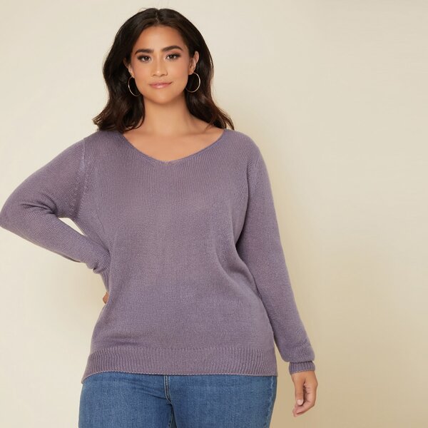 

Plus Solid Rib Knit Sweater, Mauve purple