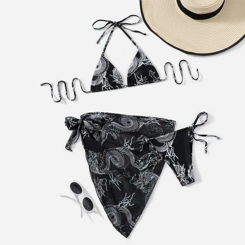 

3pack Chinese Dragon Print Bikini Swimsuit & Beach Skirt, Black