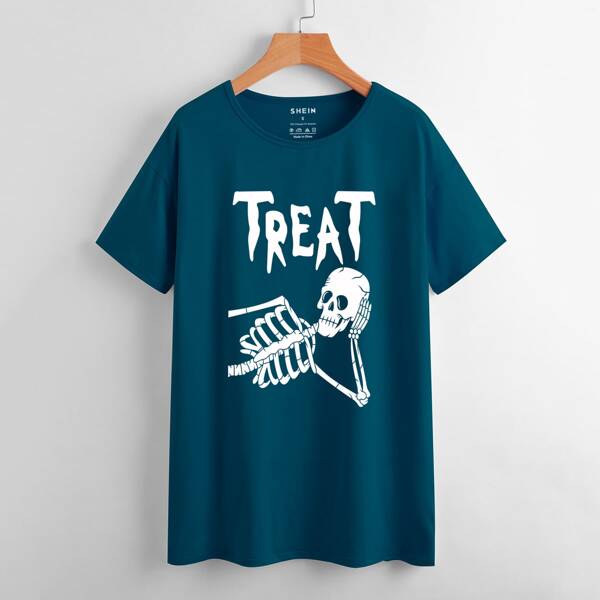 

Letter & Skeleton Print Tee, Blue