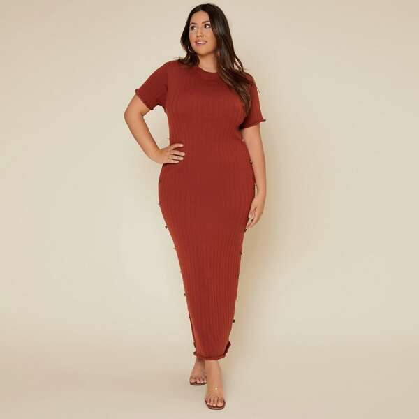 

Plus Raw Hem Beaded Sweater Dress, Rust brown