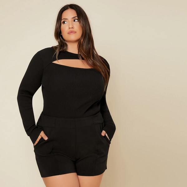 

Plus Cut out Front Ribbed Sweater, Black