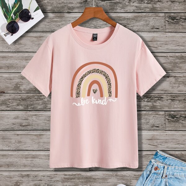 

Plus Leopard And Letter Graphic Tee, Baby pink