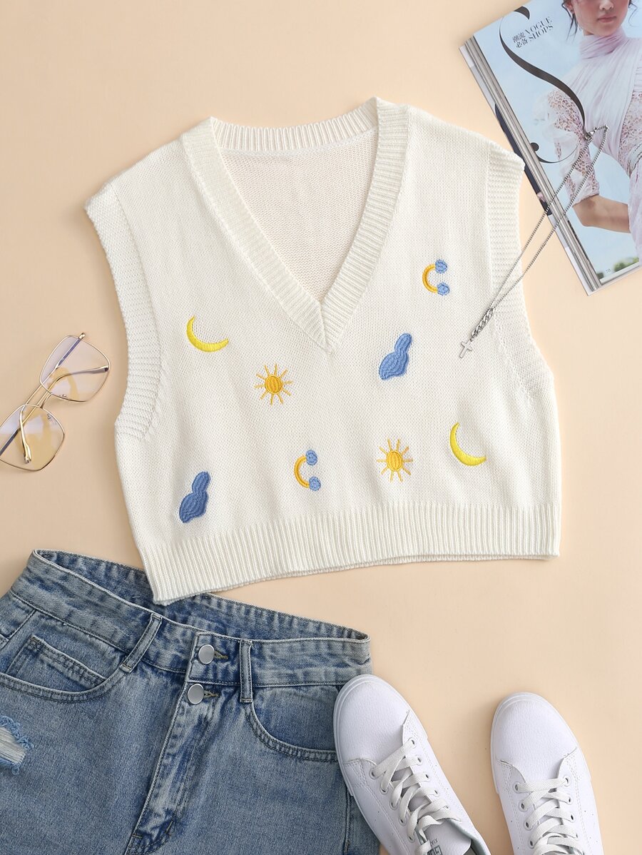 SHEIN Qutie Sun And Moon Embroidery Sweater Vest - White - View 1