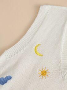 SHEIN Qutie Sun And Moon Embroidery Sweater Vest - White - View 3
