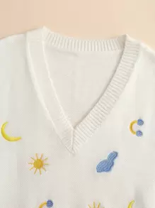 SHEIN Qutie Sun And Moon Embroidery Sweater Vest - White - View 5