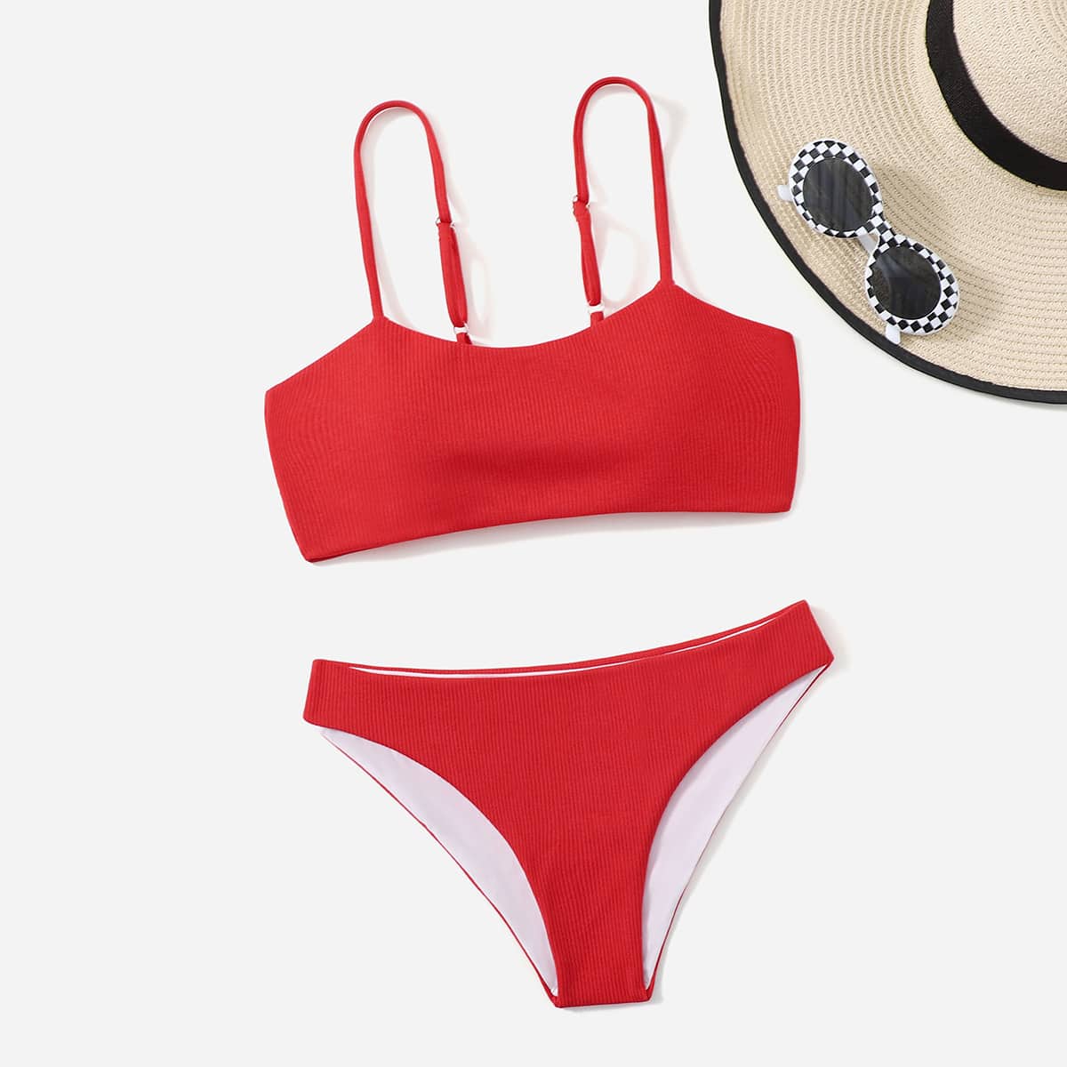 

Solid Rib Bikini Swimsuit, Red