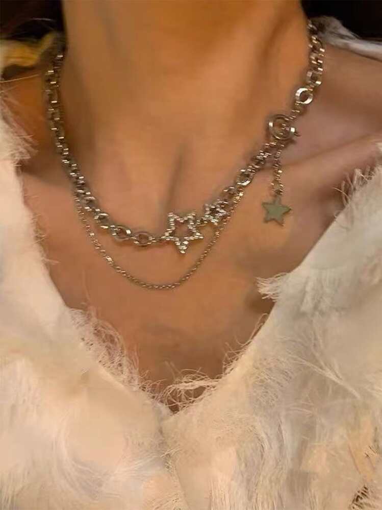 ROMWE Fairycore Collar de cadena con estrella con diseño a capas - Plateado - Añade 1