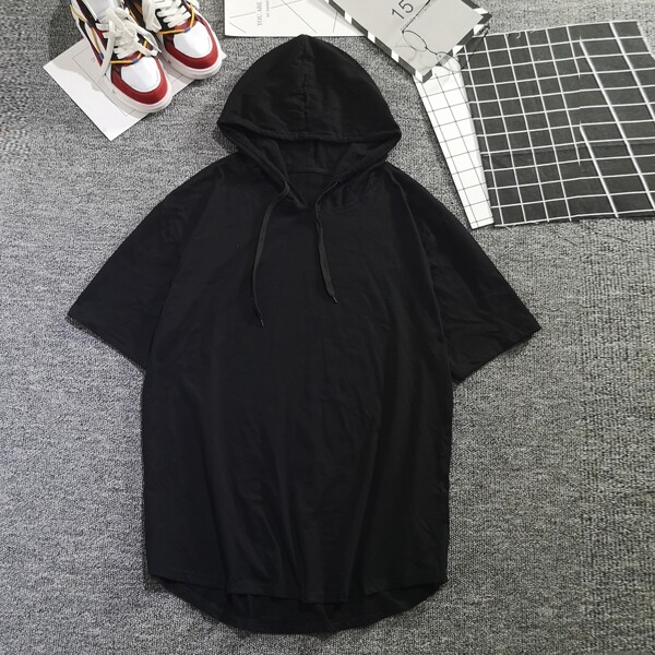 

Men Solid Drawstring Hooded Tee, Black