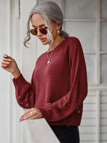Cable Knit Drop Shoulder Sweater - Burgundy - View 2