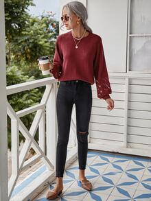 Cable Knit Drop Shoulder Sweater - Burgundy - View 4