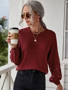 Cable Knit Drop Shoulder Sweater - Burgundy - View 5