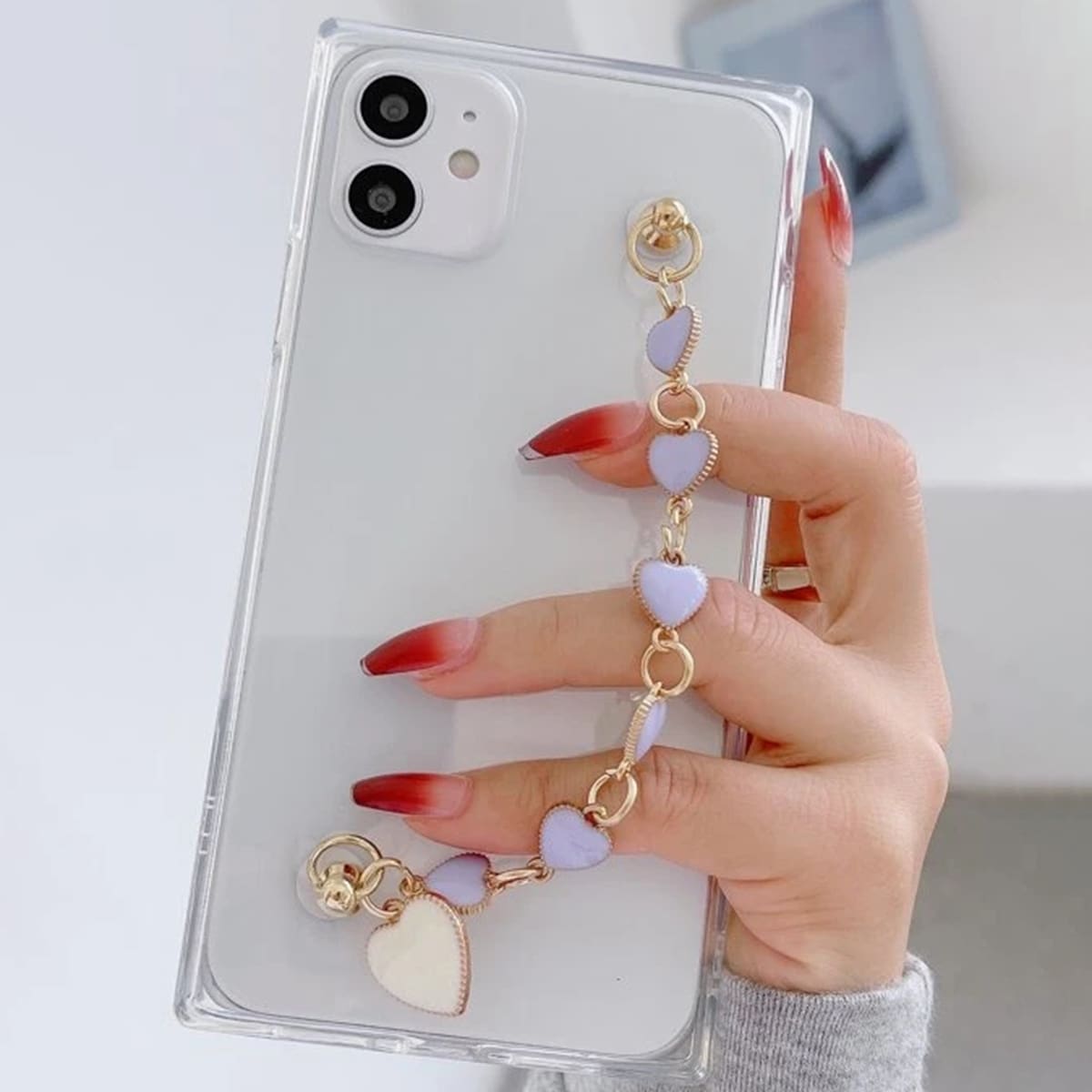 

Transparent Phone Case With Heart Decor Hand Strap, Clear