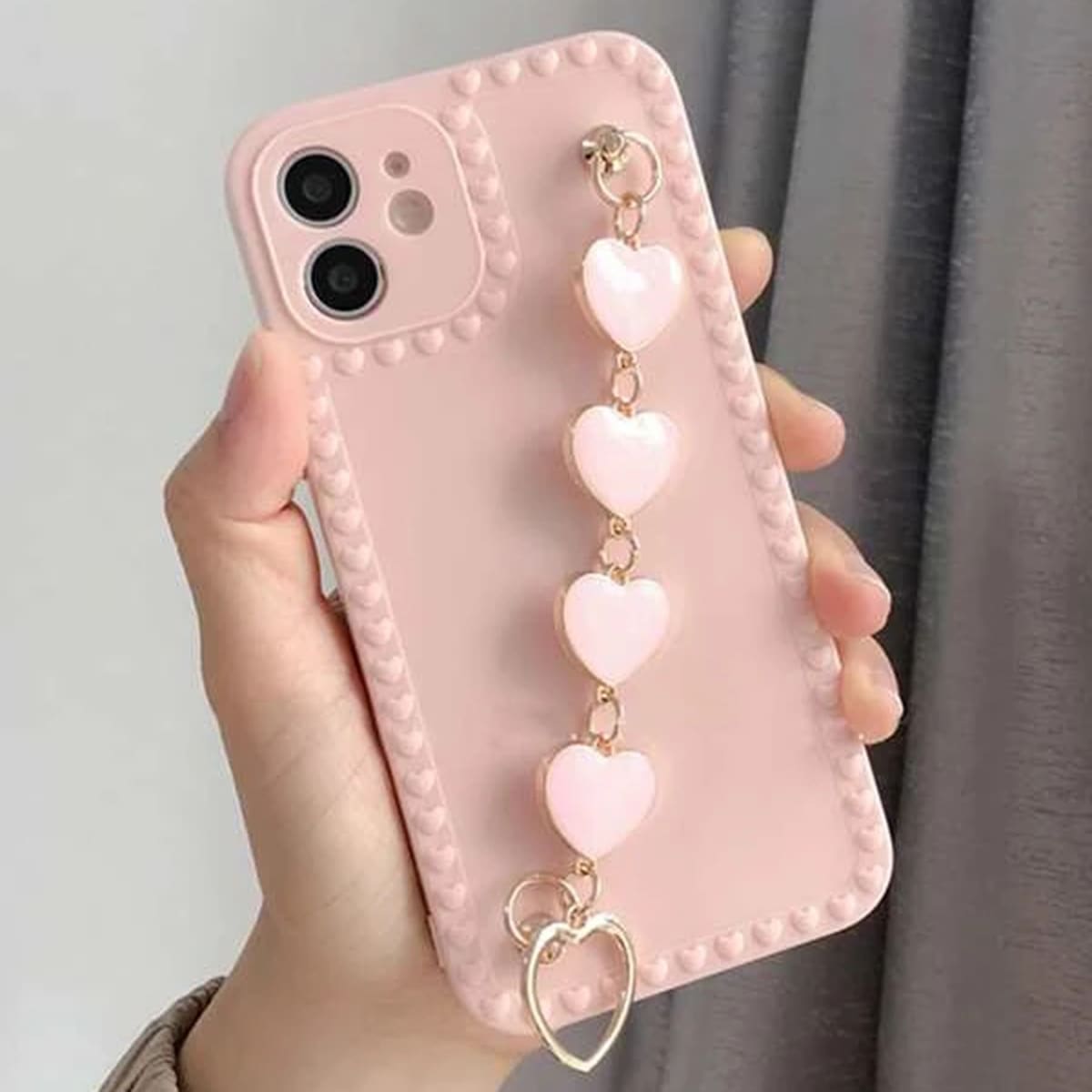 

3D Heart Decor Hand Strap Phone Case, Pink