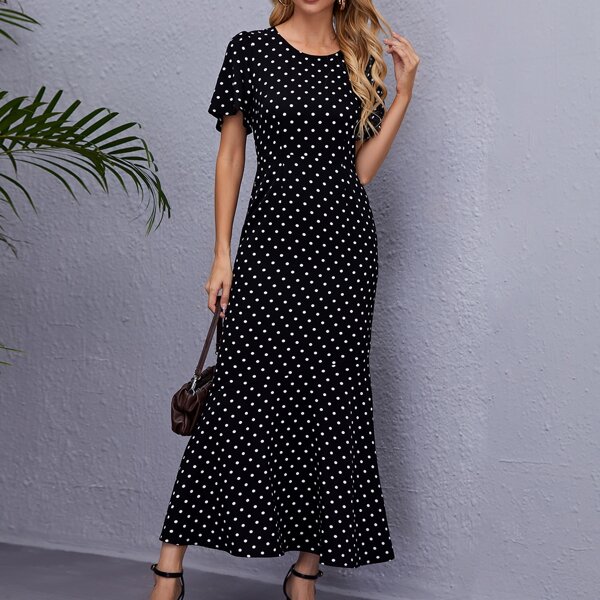 

Polka Dot Butterfly Sleeve Dress Without Belt, Black
