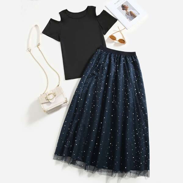 

Cut Out Tee With Galaxy Mesh Skirt, Multicolor