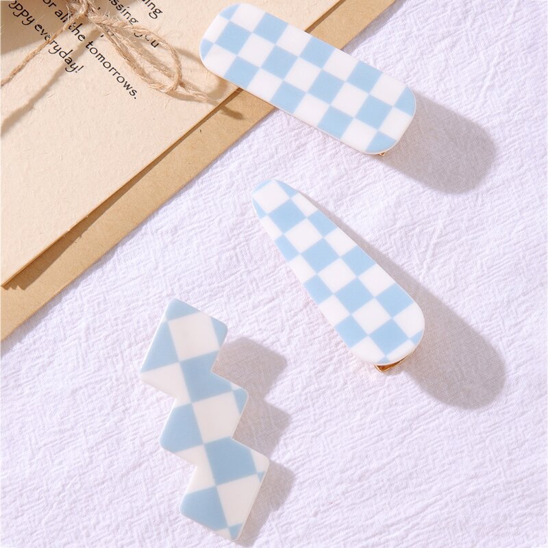 

3pcs Plaid Print Hair Clip, Baby blue