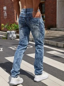 Manfinity Hombres Jeans jaspeado con bolsillo oblicuo - Azul lavado medio - Ver 2