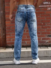 Manfinity Hombres Jeans jaspeado con bolsillo oblicuo - Azul lavado medio - Ver 3