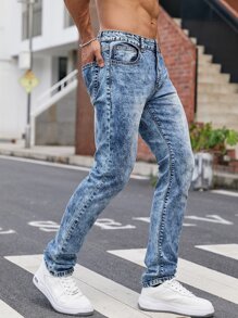 Manfinity Hombres Jeans jaspeado con bolsillo oblicuo - Azul lavado medio - Ver 4