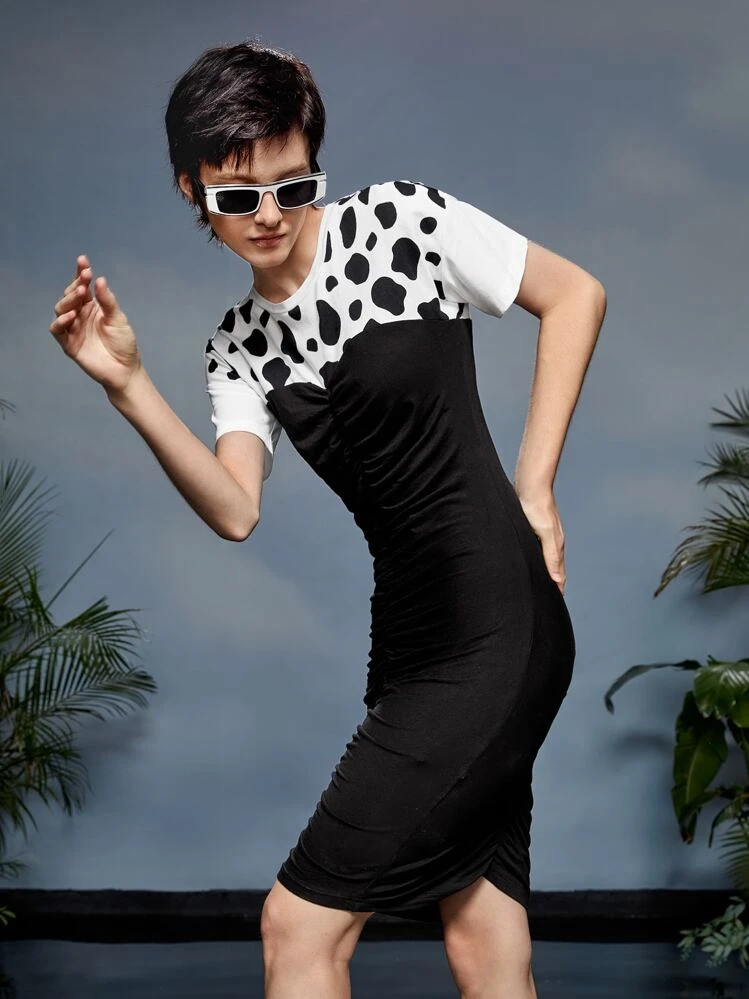 cow print ruched dress Ruched Drawstring Knot Cow Print Bodycon Dress