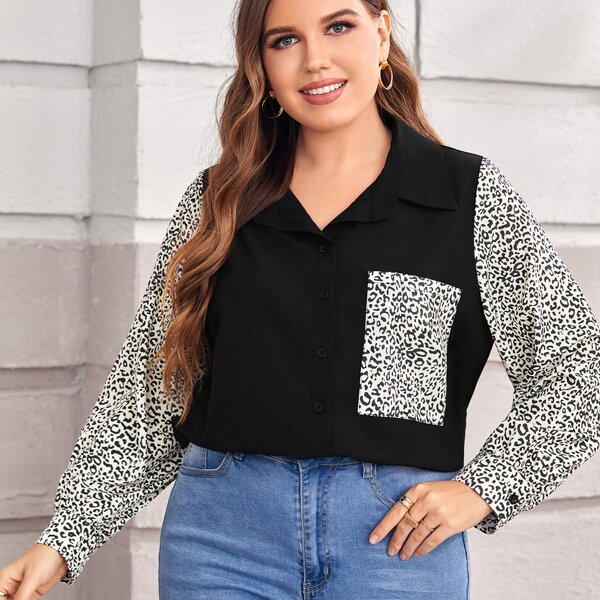 

Plus Dalmatian Print Pocket Patched Blouse, Multicolor