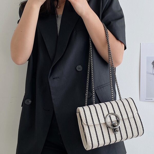 

Striped Buckle Chain Shoulder Bag, Black and white