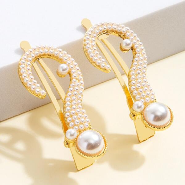 

2pcs Faux Pearl Decor Hair Clip, Gold