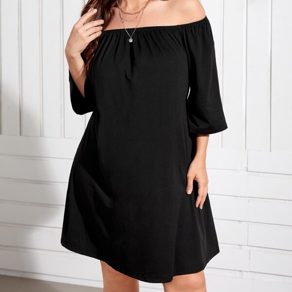 

Plus Solid Off The Shoulder Dress, Black