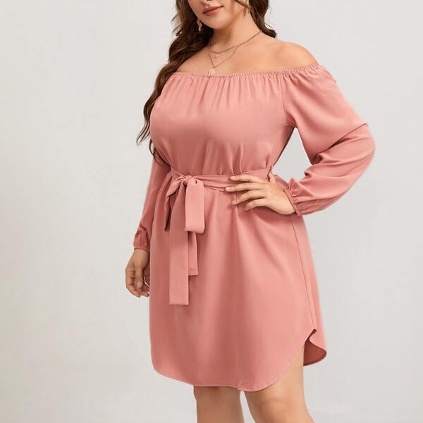 

Plus Solid Off The Shoulder Curved Hem Belted Dress, Coral pink