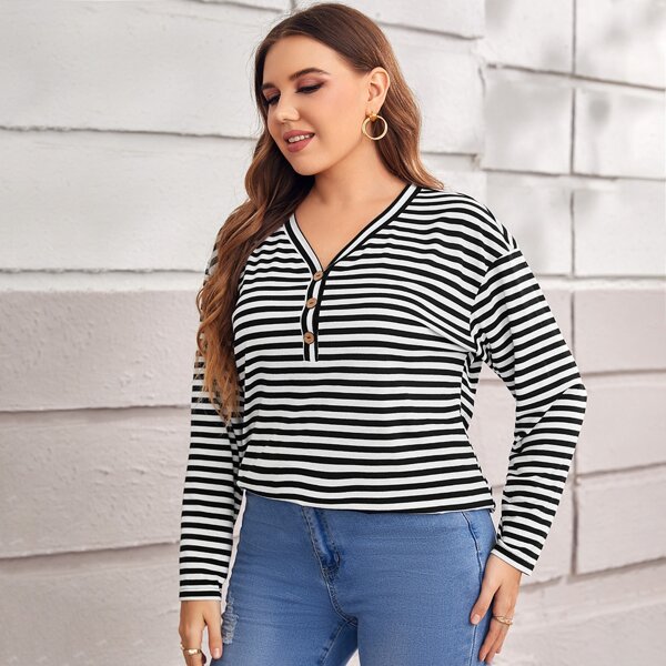 

Plus Striped Half Button Tee, Black and white