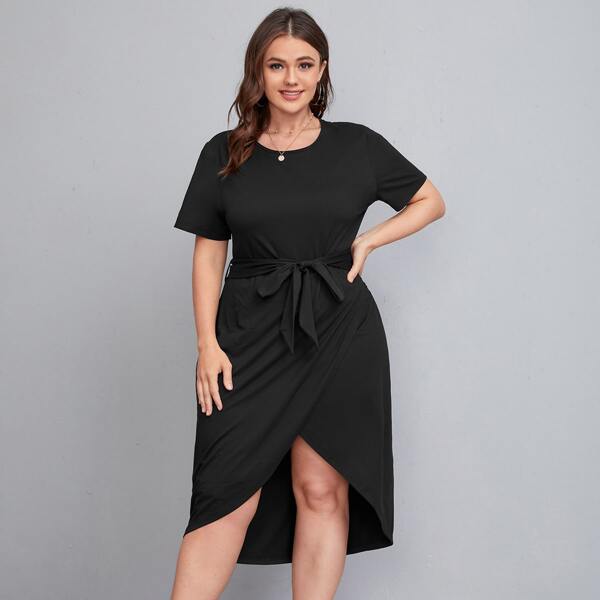 

Plus Asymmetrical Hem Wrap Belted Dress, Black
