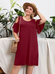 Vestido unicolor de hombros descubiertos - Burdeos - Ver 1