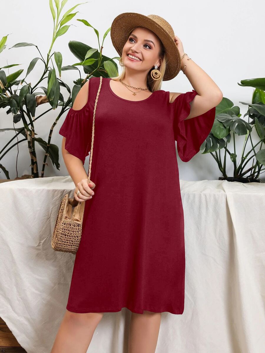 Vestido unicolor de hombros descubiertos - Burdeos - Ver 1