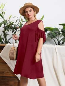 Vestido unicolor de hombros descubiertos - Burdeos - Ver 3