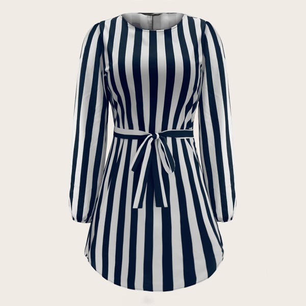 

Plus Striped Belted Tunic Dress, Blue and white