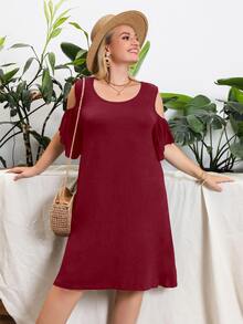 Vestido unicolor de hombros descubiertos - Burdeos - Ver 4